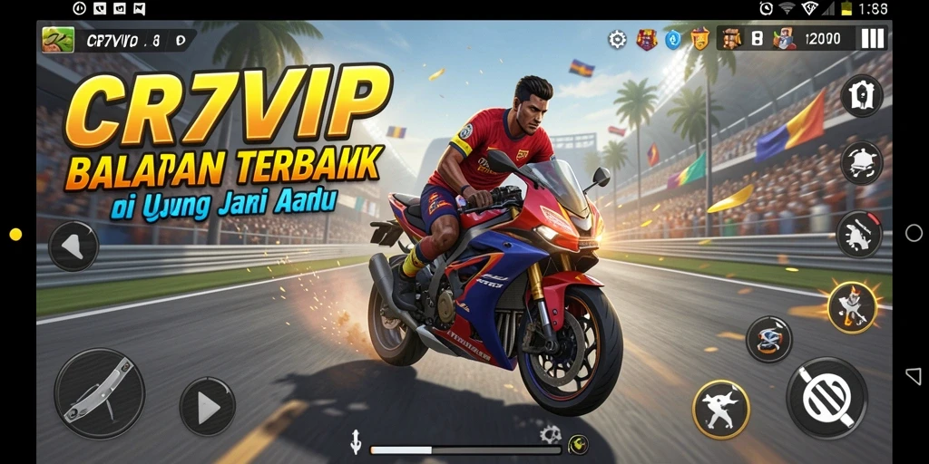 Screenshot menampilkan aksi balapan seru di CR7VIP dengan motor kece.