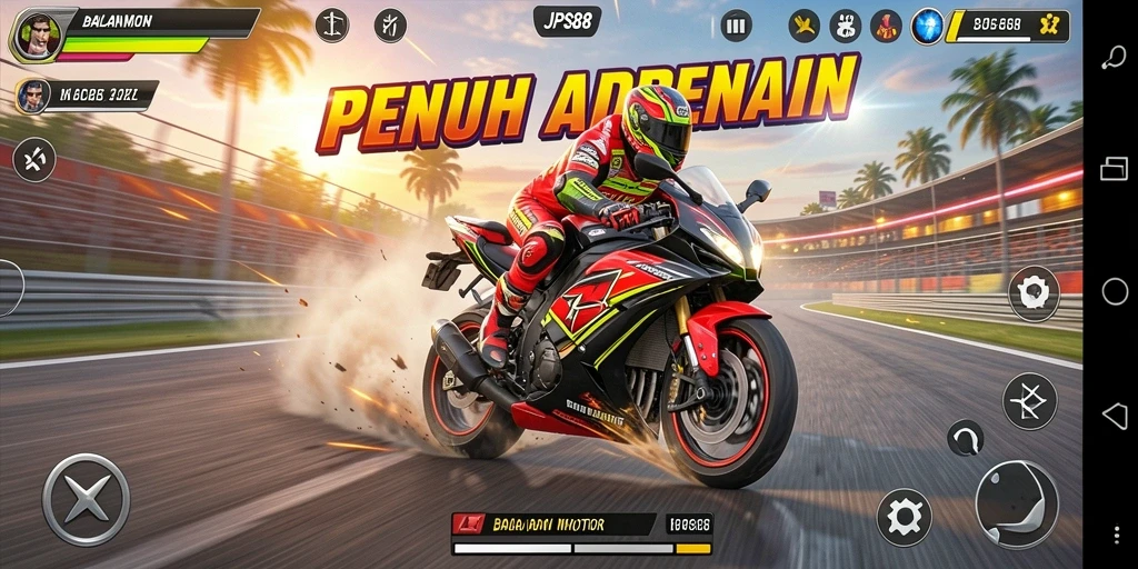 Screenshot gameplay balapan motor yang mendebarkan dan cepat.