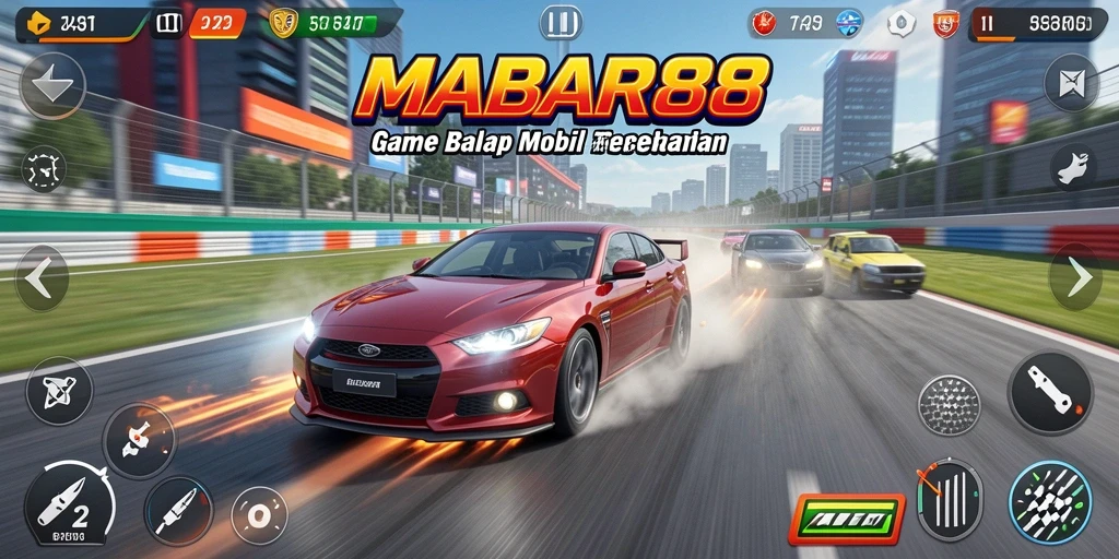 Screenshot gameplay MABAR88 menampilkan aksi balap mobil yang mendebarkan.