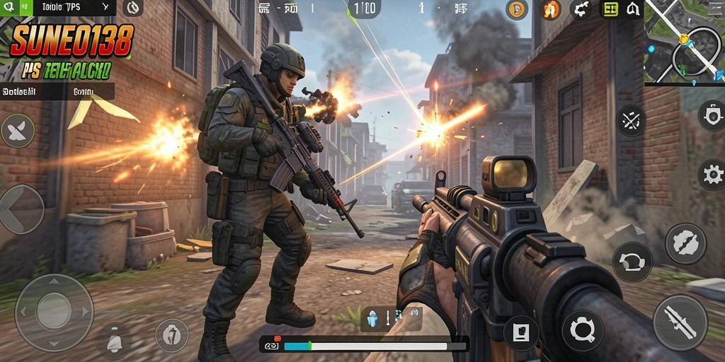 Tampilan screenshot utama SUNEO138 menampilkan aksi gameplay TPS yang mendebarkan.